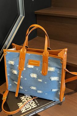 Korean-Style Ripped Denim Tote Bag for Women - Large Capacity Shoulder Crossbody Bag for Commuting - 2025 Fashion Trend
