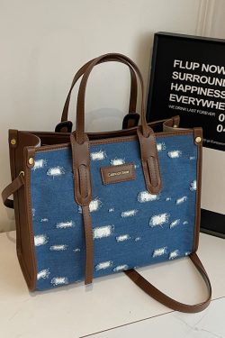 Korean-Style Ripped Denim Tote Bag for Women - Large Capacity Shoulder Crossbody Bag for Commuting - 2025 Fashion Trend