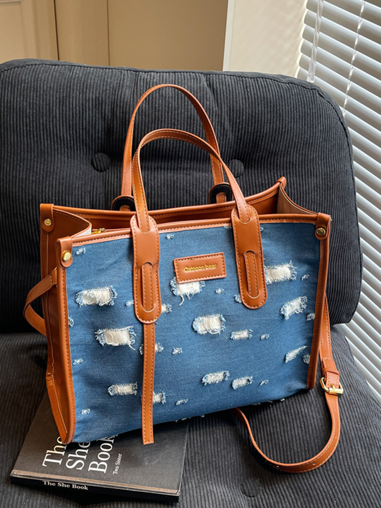 Korean-Style Ripped Denim Tote Bag for Women - Large Capacity Shoulder Crossbody Bag for Commuting - 2025 Fashion Trend Korean-Style Ripped Denim Tote Bag for Women - Large Capacity Shoulder Crossbody Bag for Commuting - 2025 Fashion Trend