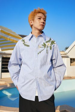 Korean Style Striped Long Sleeve Shirt with Plant Series Embroidery - Trendy OS Fashion Top for a Chic Look