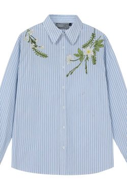 Korean Style Striped Long Sleeve Shirt with Plant Series Embroidery - Trendy OS Fashion Top for a Chic Look
