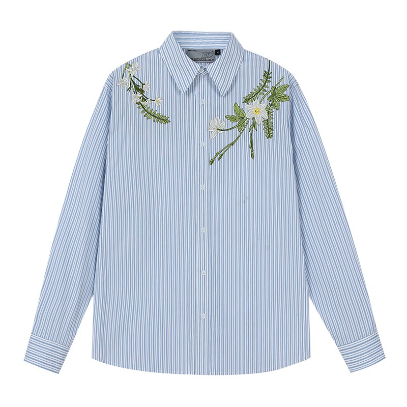 Korean Style Striped Long Sleeve Shirt with Plant Series Embroidery - Trendy OS Fashion Top for a Chic Look Korean Style Striped Long Sleeve Shirt with Plant Series Embroidery - Trendy OS Fashion Top for a Chic Look