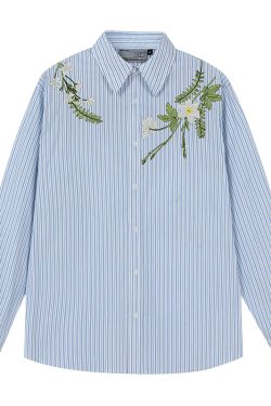 Korean Style Striped Long Sleeve Shirt with Plant Series Embroidery - Trendy OS Fashion Top for a Chic Look