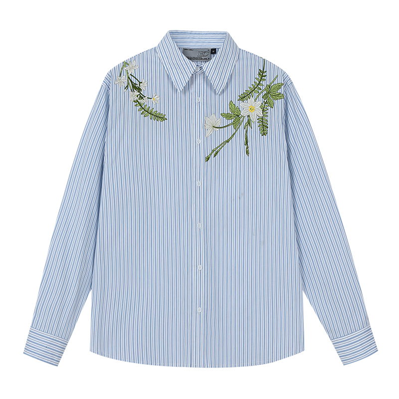 Korean Style Striped Long Sleeve Shirt with Plant Series Embroidery - Trendy OS Fashion Top for a Chic Look Korean Style Striped Long Sleeve Shirt with Plant Series Embroidery - Trendy OS Fashion Top for a Chic Look