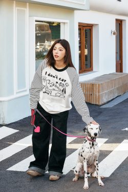 Korean Style Striped Spliced Hand-Painted Loose Raglan Long Sleeve T-Shirt for Couples