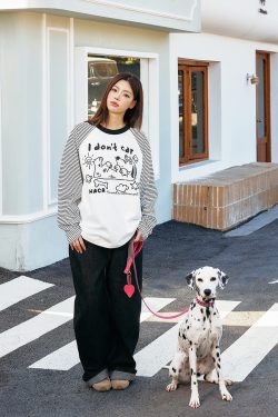 Korean Style Striped Spliced Hand-Painted Loose Raglan Long Sleeve T-Shirt for Couples