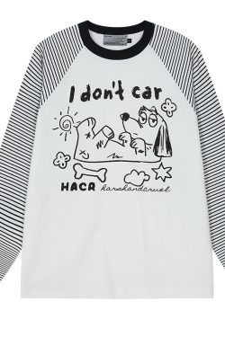 Korean Style Striped Spliced Hand-Painted Loose Raglan Long Sleeve T-Shirt for Couples