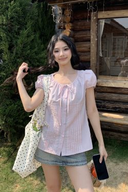 Korean Style Sweet Puff Sleeve Shirt for Women - Summer Slim Fit Versatile Short Sleeve Top, Perfect for Y2K and Casual Wear