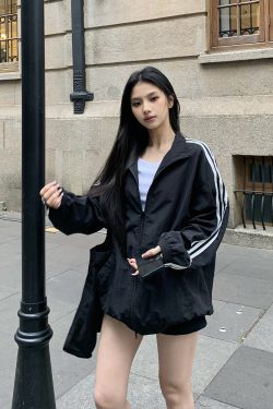 Korean Style Three Stripes Zipper Cardigan Jacket for Women - Loose Sports Casual Summer Coat with Stand Collar and Sun Protection