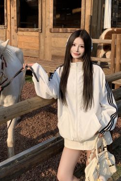 Korean Style Three Stripes Zipper Cardigan Jacket for Women - Loose Sports Casual Summer Coat with Stand Collar and Sun Protection