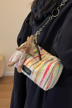 Korean-Style Trendy Women's Rainbow Woven Boston Bag - Versatile Autumn/Winter Shoulder Bag for 2025 Fashion