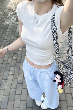 Korean Style White Shoulder-Fitted Slim T-Shirt for Women, Waist-Cinching Non-Transparent Cotton Short Sleeve Top, 2025 Summer Fashion