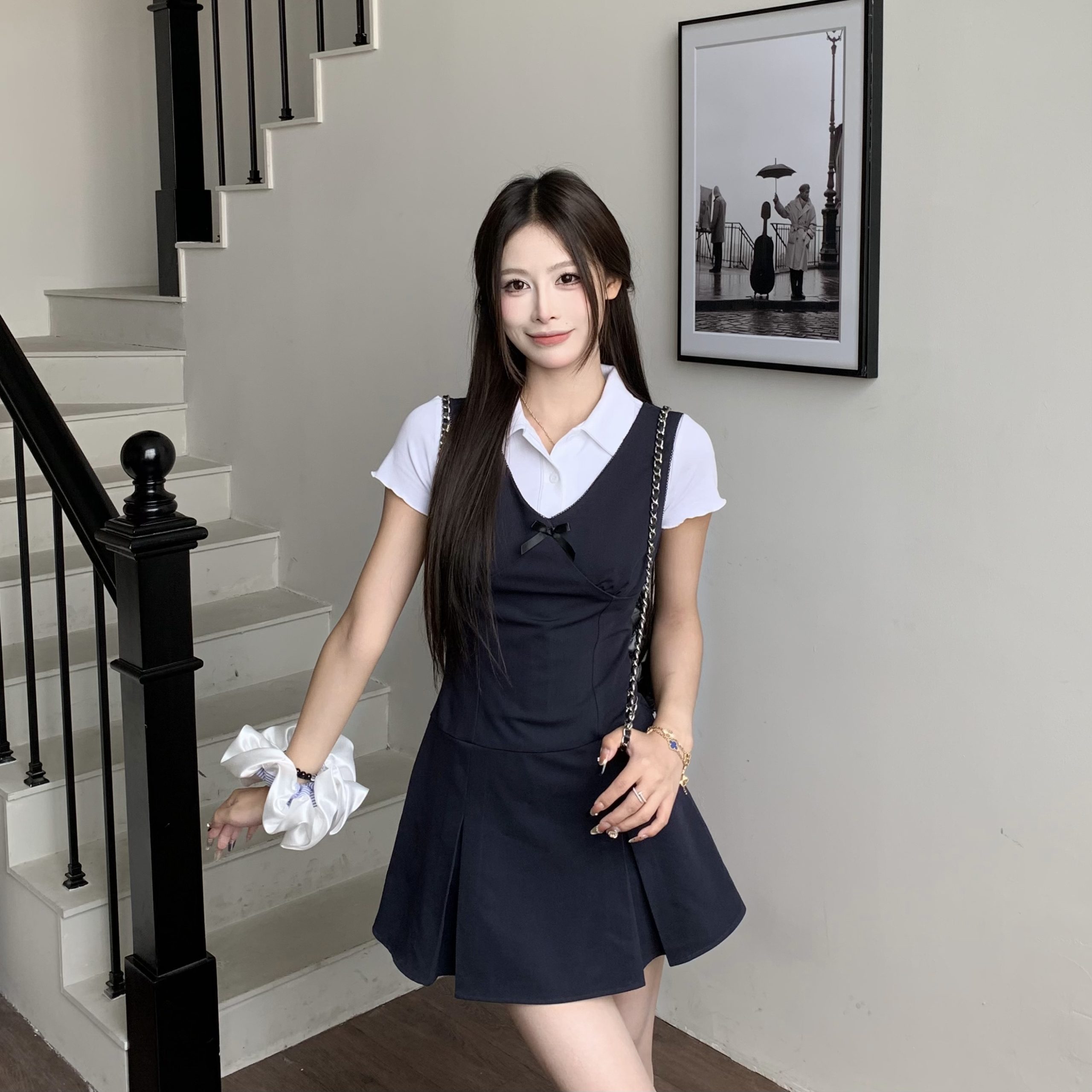 Korean Style Women's V-Neck Sling Dress Set - Summer College Wind Vest & Skirt Outfit Korean Style Women's V-Neck Sling Dress Set - Summer College Wind Vest & Skirt Outfit