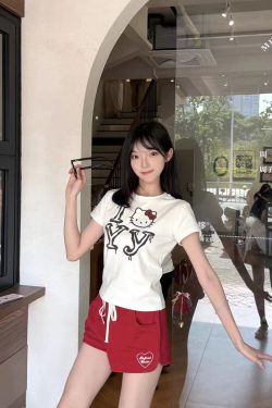 Korean Vintage Hello Kitty Letter Print White Round Neck Short Sleeve Slim Fit Women's Top 90s Y2K Style