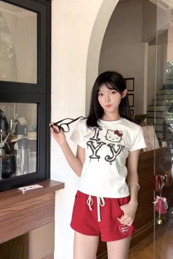 Korean Vintage Hello Kitty Letter Print White Round Neck Short Sleeve Slim Fit Women's Top 90s Y2K Style