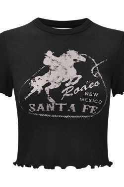 Lace Edge Printed Round Neck Short Sleeve T-Shirt for Women - European American Style Slim Fit High Waist Top, 90s Inspired