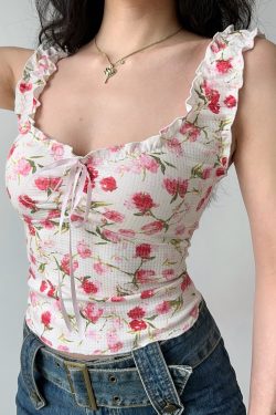 Lace Edge Printed Sleeveless Slim Top for Women - European American Style Summer Fashion