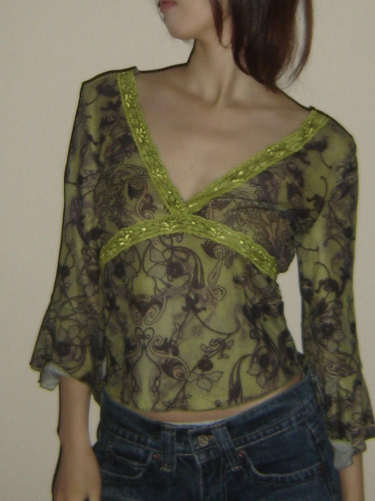 Lace Green Chiffon Low-Cut V-Neck Waist-Defining Sheer Top - Sexy Y2K Style for Trendy Hot Girls Lace Green Chiffon Low-Cut V-Neck Waist-Defining Sheer Top - Sexy Y2K Style for Trendy Hot Girls