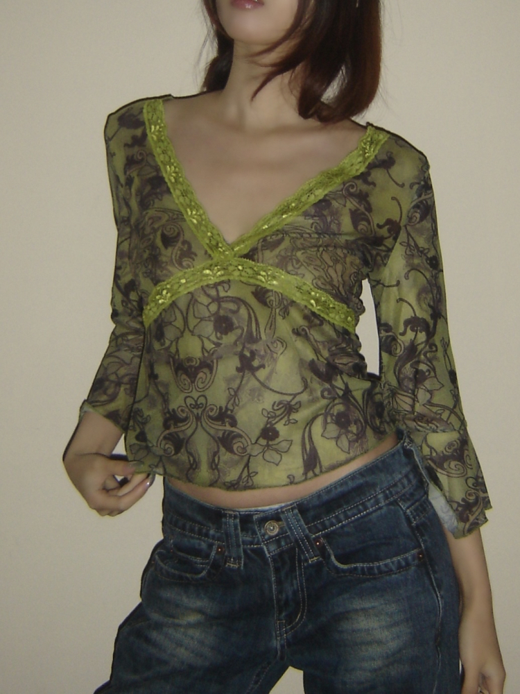 Lace Green Chiffon Low-Cut V-Neck Waist-Defining Sheer Top - Sexy Y2K Style for Trendy Hot Girls Lace Green Chiffon Low-Cut V-Neck Waist-Defining Sheer Top - Sexy Y2K Style for Trendy Hot Girls