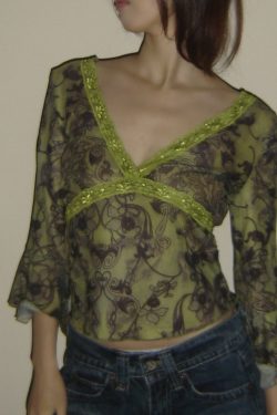 Lace Green Chiffon Low-Cut V-Neck Waist-Defining Sheer Top - Sexy Y2K Style for Trendy Hot Girls