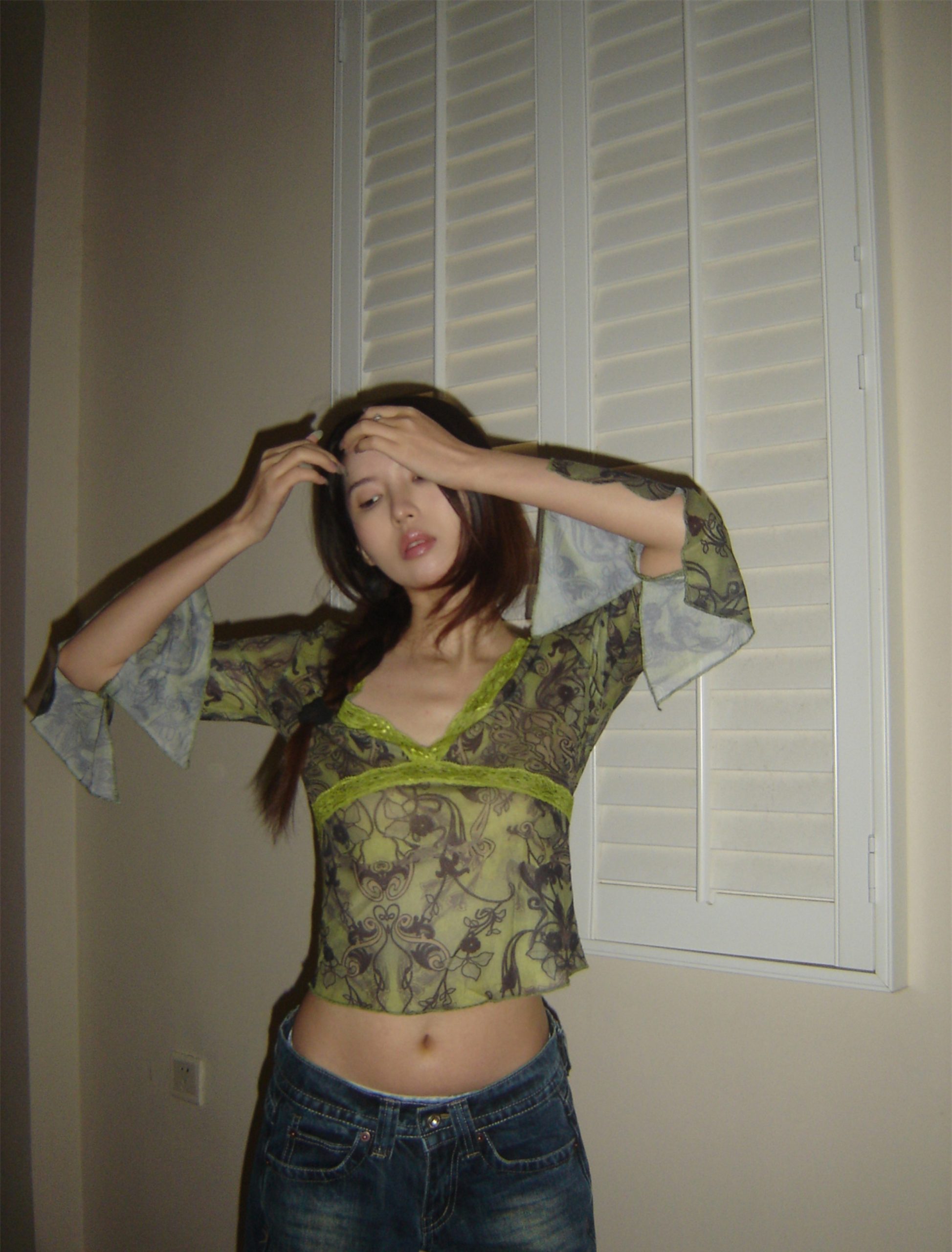 Lace Green Chiffon Low-Cut V-Neck Waist-Defining Sheer Top - Sexy Y2K Style for Trendy Hot Girls Lace Green Chiffon Low-Cut V-Neck Waist-Defining Sheer Top - Sexy Y2K Style for Trendy Hot Girls