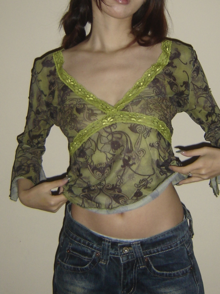 Lace Green Chiffon Low-Cut V-Neck Waist-Defining Sheer Top - Sexy Y2K Style for Trendy Hot Girls Lace Green Chiffon Low-Cut V-Neck Waist-Defining Sheer Top - Sexy Y2K Style for Trendy Hot Girls