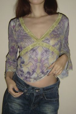 Lace Long Sleeve Chiffon Top - Low Cut V-Neck Sheer Blouse for Women - Sexy Y2K Hot Girl Style, 2025 Trend