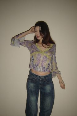 Lace Long Sleeve Chiffon Top - Low Cut V-Neck Sheer Blouse for Women - Sexy Y2K Hot Girl Style, 2025 Trend