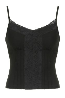 Lace Patchwork Waist-Cinching Bustier Tank Top for Women, Vintage Slim Fit, Solid Color, Short Spaghetti Straps, Palace Elements