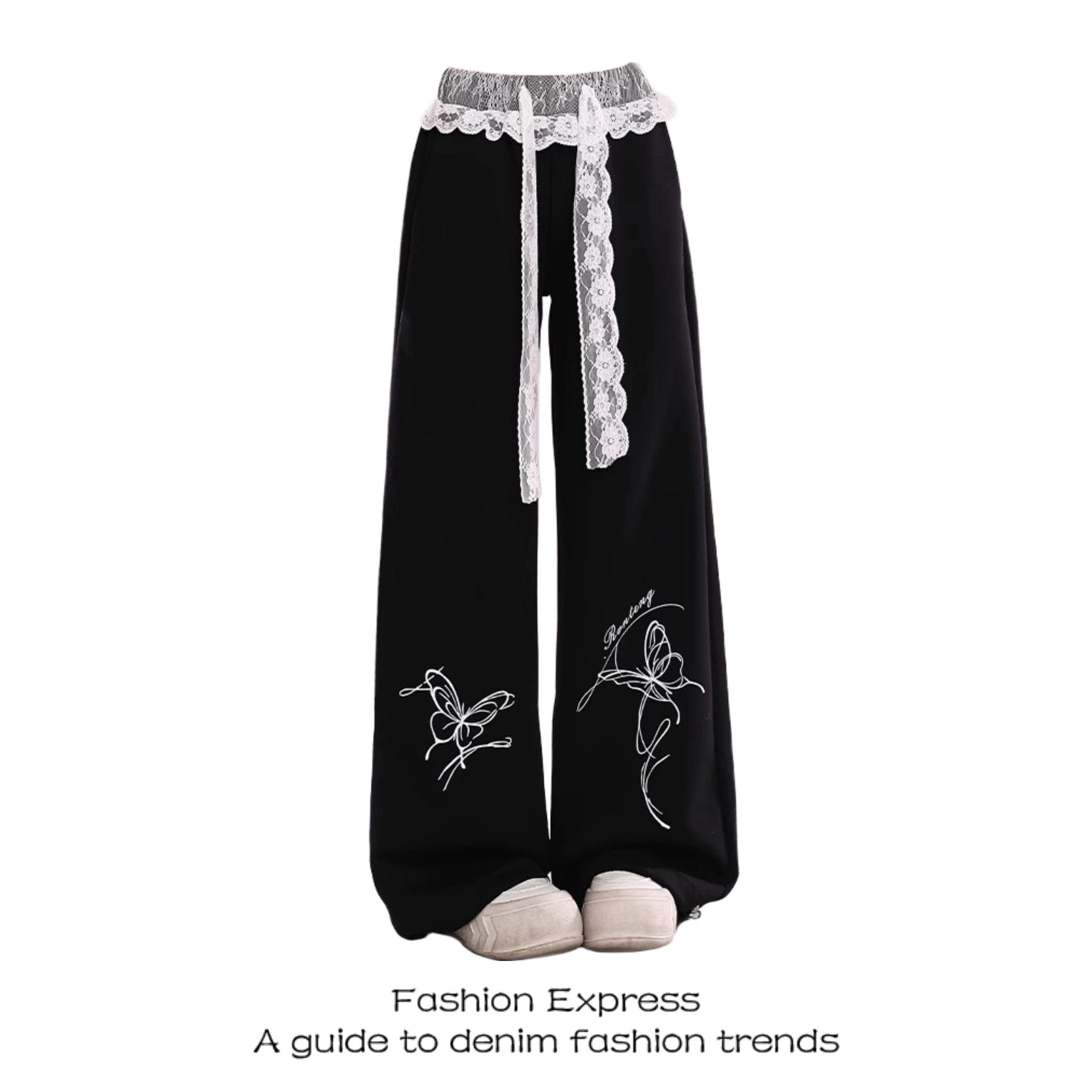 Lace Spliced Black Pants for Women - Summer Casual Loose BF Style, 2025 Trendy Butterfly Design, Y2K Inspired Sweatpants Lace Spliced Black Pants for Women - Summer Casual Loose BF Style, 2025 Trendy Butterfly Design, Y2K Inspired Sweatpants