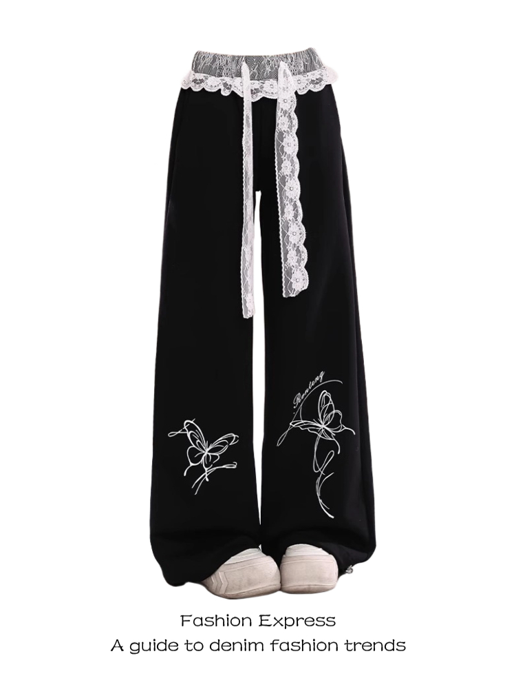 Lace Spliced Black Pants for Women - Summer Casual Loose BF Style, 2025 Trendy Butterfly Design, Y2K Inspired Sweatpants Lace Spliced Black Pants for Women - Summer Casual Loose BF Style, 2025 Trendy Butterfly Design, Y2K Inspired Sweatpants