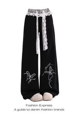 Lace Spliced Black Pants for Women - Summer Casual Loose BF Style, 2025 Trendy Butterfly Design, Y2K Inspired Sweatpants