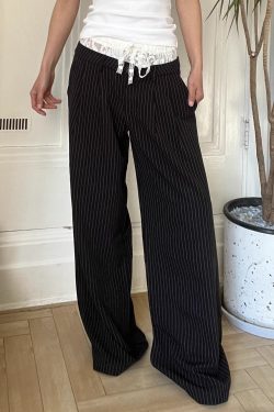 Lace Spliced Low Waist Loose Slimming Striped Wide Leg Pants for Women - Casual 2025 Fashion Trend