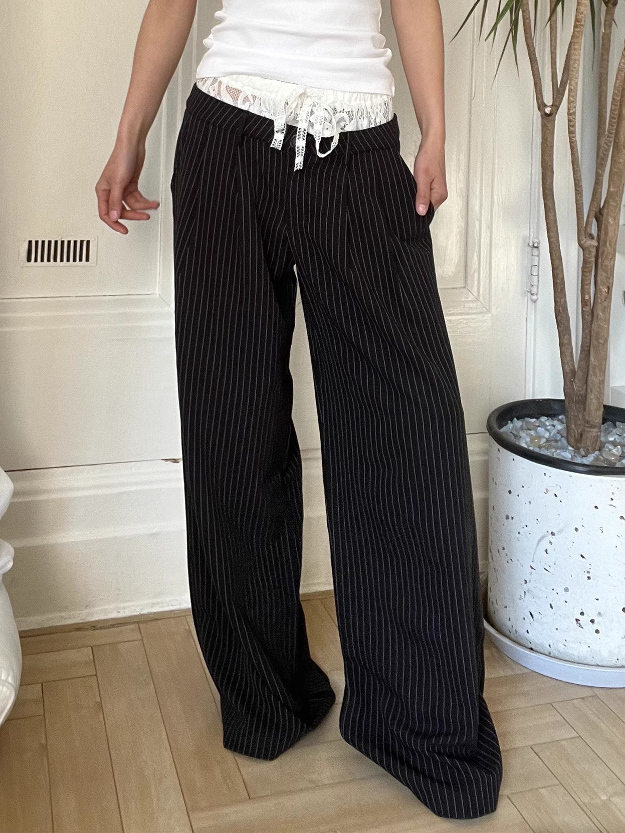 Lace Spliced Low Waist Loose Slimming Striped Wide Leg Pants for Women - Casual 2025 Fashion Trend Lace Spliced Low Waist Loose Slimming Striped Wide Leg Pants for Women - Casual 2025 Fashion Trend
