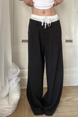 Lace Spliced Low Waist Loose Slimming Striped Wide Leg Pants for Women - Casual 2025 Fashion Trend