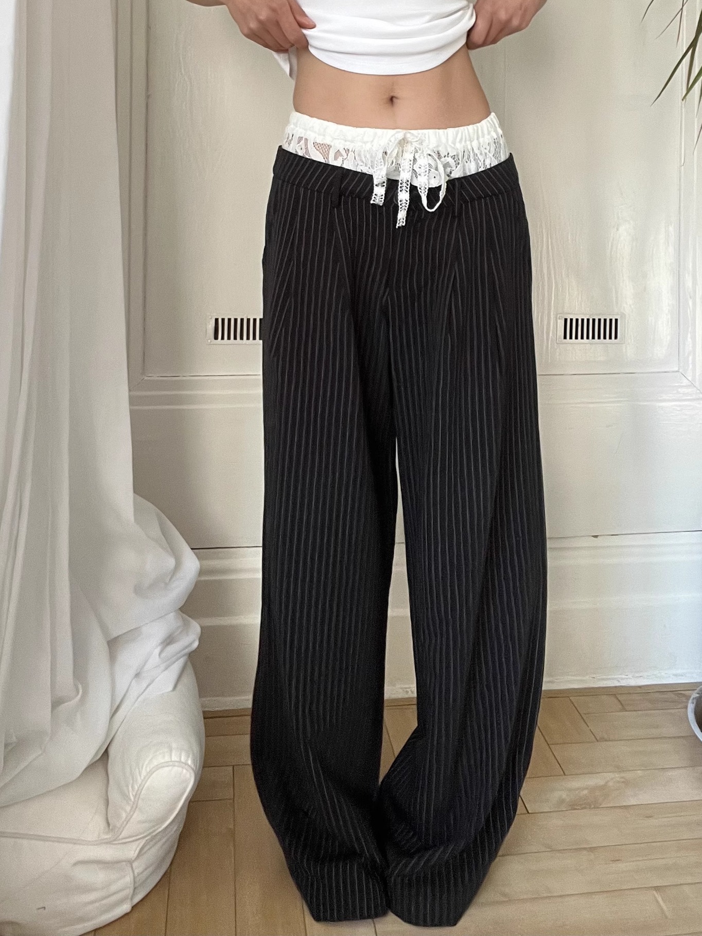 Lace Spliced Low Waist Loose Slimming Striped Wide Leg Pants for Women - Casual 2025 Fashion Trend Lace Spliced Low Waist Loose Slimming Striped Wide Leg Pants for Women - Casual 2025 Fashion Trend