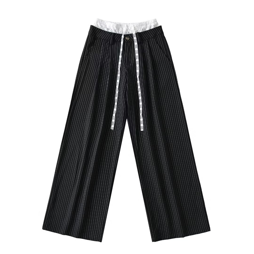 Lace Spliced Low Waist Loose Slimming Striped Wide Leg Pants for Women - Casual 2025 Fashion Trend Lace Spliced Low Waist Loose Slimming Striped Wide Leg Pants for Women - Casual 2025 Fashion Trend