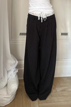 Lace Spliced Low Waist Loose Slimming Striped Wide Leg Pants for Women - Casual 2025 Fashion Trend