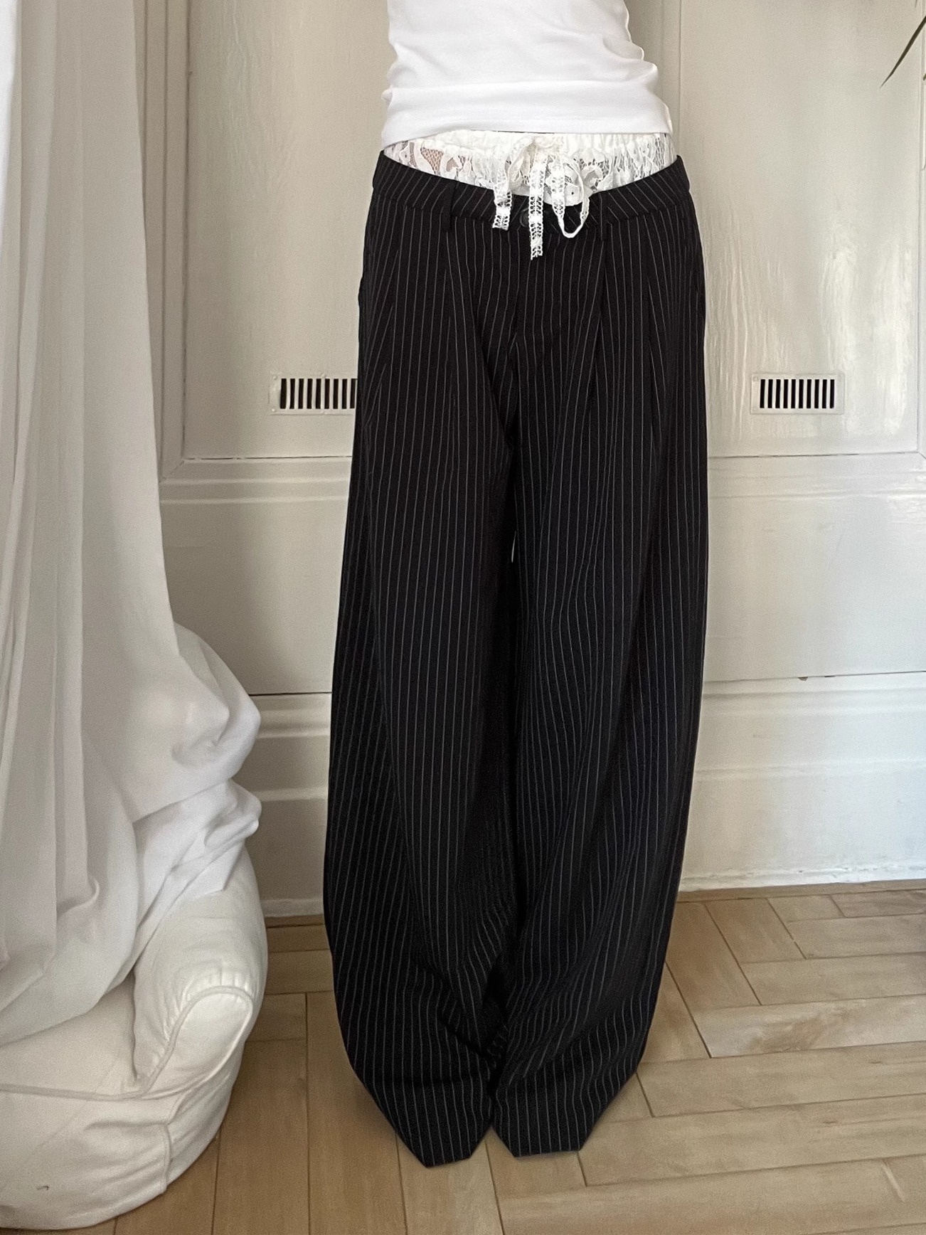 Lace Spliced Low Waist Loose Slimming Striped Wide Leg Pants for Women - Casual 2025 Fashion Trend Lace Spliced Low Waist Loose Slimming Striped Wide Leg Pants for Women - Casual 2025 Fashion Trend