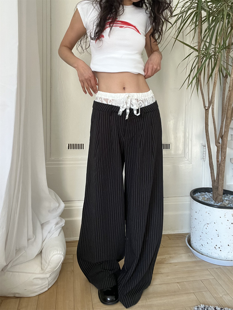 Lace Spliced Low Waist Loose Slimming Striped Wide Leg Pants for Women - Casual 2025 Fashion Trend Lace Spliced Low Waist Loose Slimming Striped Wide Leg Pants for Women - Casual 2025 Fashion Trend