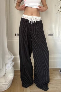 Lace Spliced Low Waist Loose Slimming Striped Wide Leg Pants for Women - Casual 2025 Fashion Trend
