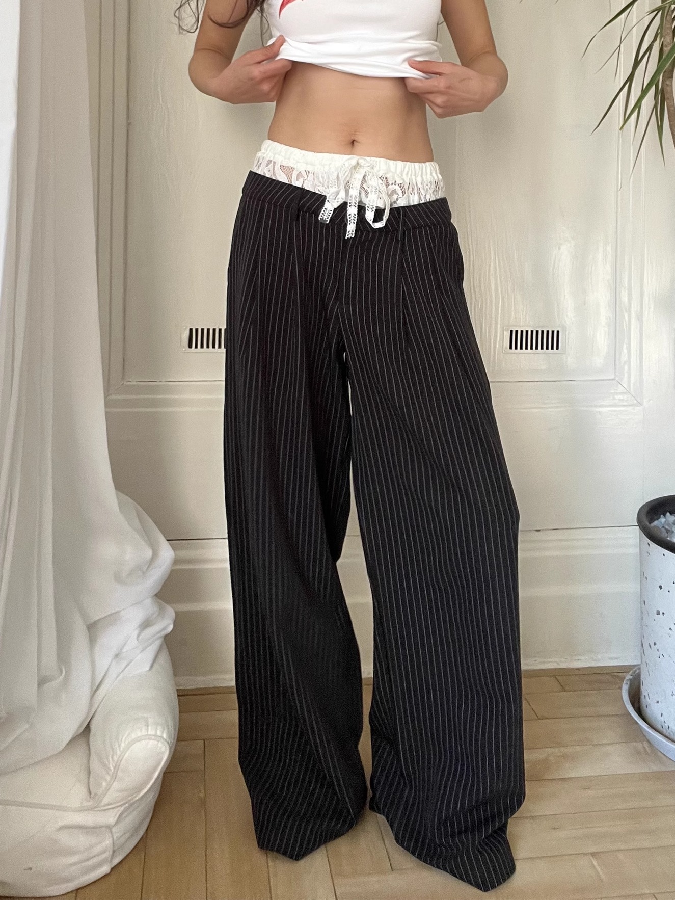 Lace Spliced Low Waist Loose Slimming Striped Wide Leg Pants for Women - Casual 2025 Fashion Trend Lace Spliced Low Waist Loose Slimming Striped Wide Leg Pants for Women - Casual 2025 Fashion Trend