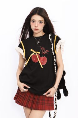 Lace Spliced Short Sleeve T-Shirt for Women with Flutter Sleeves - Cherry Sweet Spicy Summer Top, Trendy Y2K Style