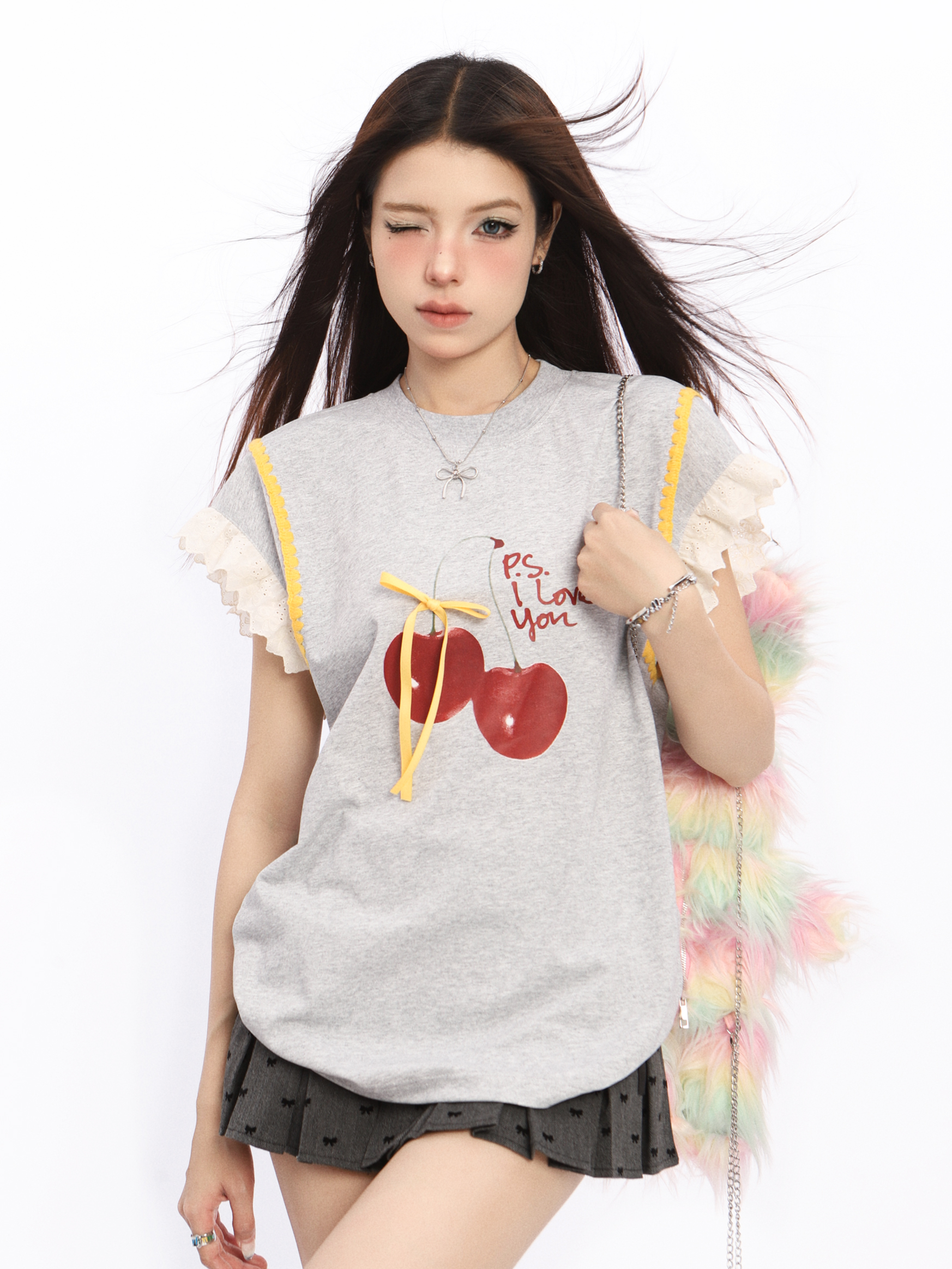 Lace Spliced Short Sleeve T-Shirt for Women with Flutter Sleeves - Cherry Sweet Spicy Summer Top, Trendy Y2K Style Lace Spliced Short Sleeve T-Shirt for Women with Flutter Sleeves - Cherry Sweet Spicy Summer Top, Trendy Y2K Style