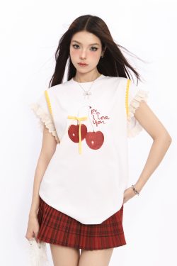 Lace Spliced Short Sleeve T-Shirt for Women with Flutter Sleeves - Cherry Sweet Spicy Summer Top, Trendy Y2K Style
