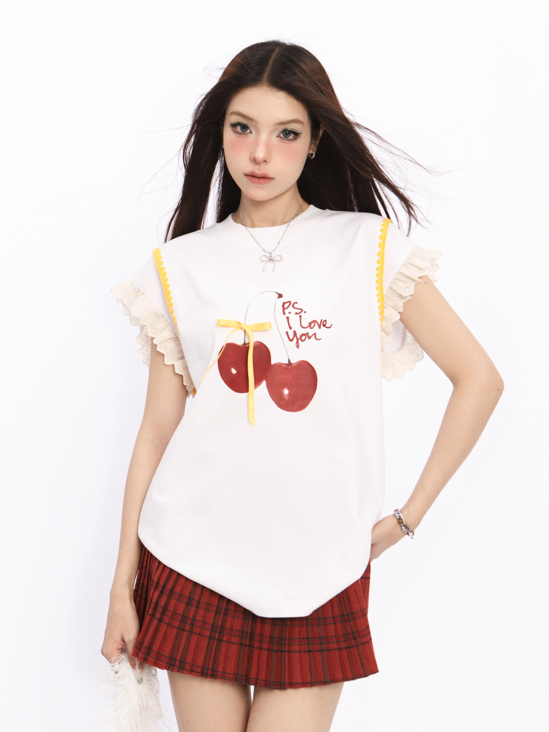 Lace Spliced Short Sleeve T-Shirt for Women with Flutter Sleeves - Cherry Sweet Spicy Summer Top, Trendy Y2K Style Lace Spliced Short Sleeve T-Shirt for Women with Flutter Sleeves - Cherry Sweet Spicy Summer Top, Trendy Y2K Style