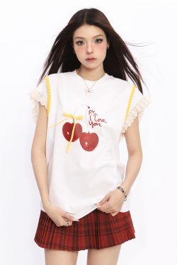 Lace Spliced Short Sleeve T-Shirt for Women with Flutter Sleeves - Cherry Sweet Spicy Summer Top, Trendy Y2K Style