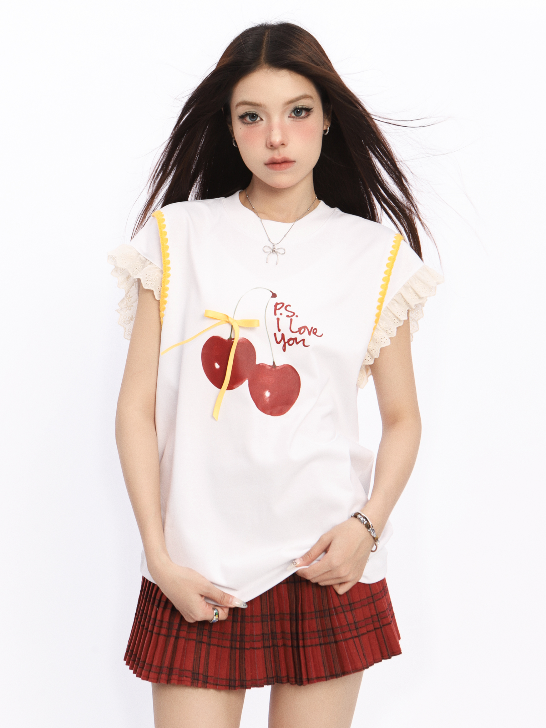 Lace Spliced Short Sleeve T-Shirt for Women with Flutter Sleeves - Cherry Sweet Spicy Summer Top, Trendy Y2K Style Lace Spliced Short Sleeve T-Shirt for Women with Flutter Sleeves - Cherry Sweet Spicy Summer Top, Trendy Y2K Style