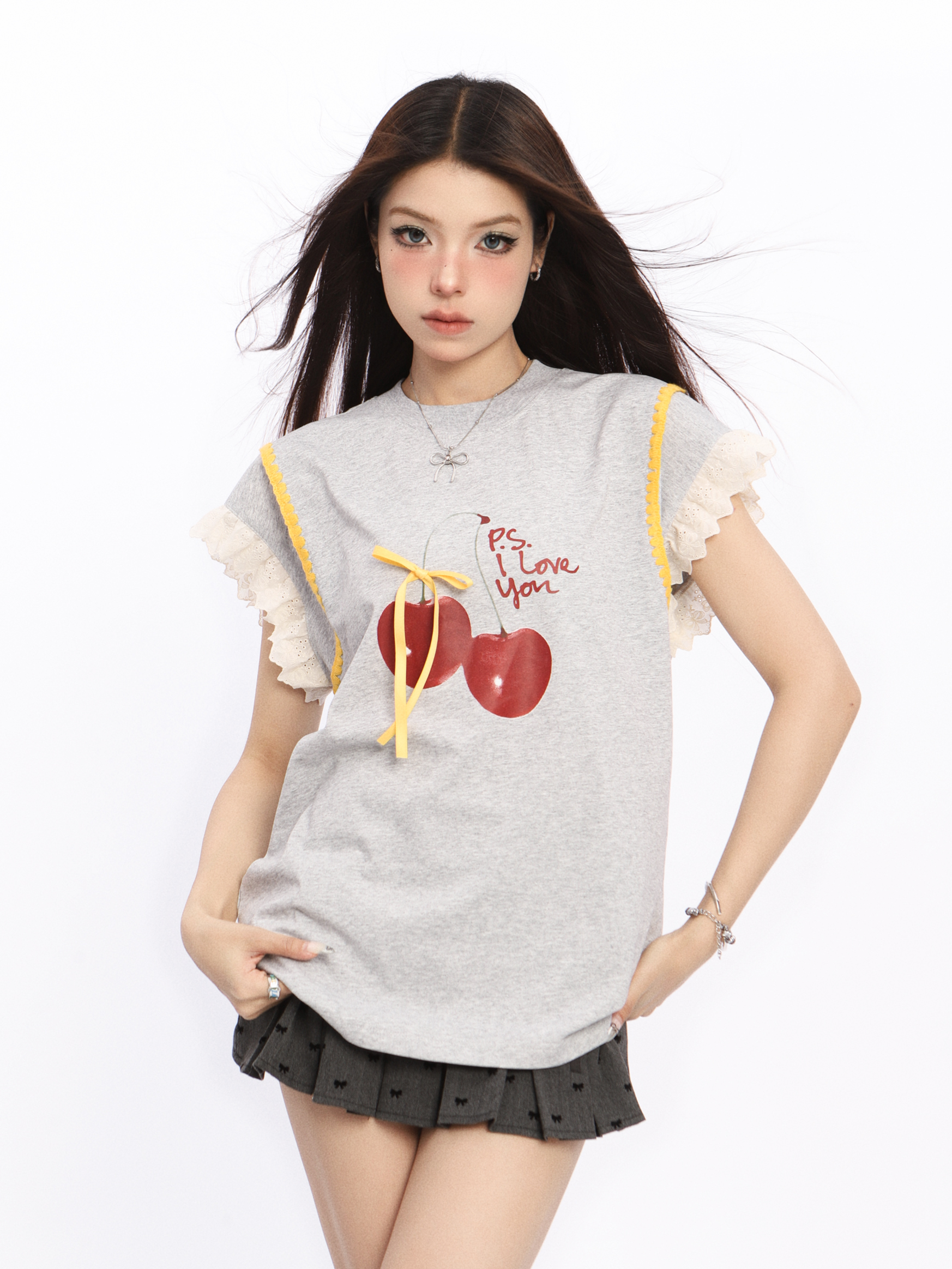 Lace Spliced Short Sleeve T-Shirt for Women with Flutter Sleeves - Cherry Sweet Spicy Summer Top, Trendy Y2K Style Lace Spliced Short Sleeve T-Shirt for Women with Flutter Sleeves - Cherry Sweet Spicy Summer Top, Trendy Y2K Style