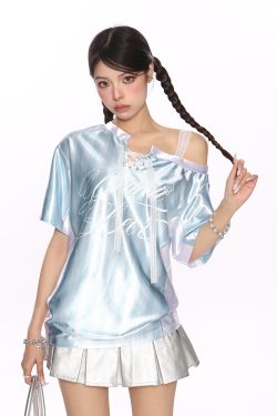 Lace Spliced Striped Asymmetrical Shoulder Sleeveless T-Shirt for Women - Summer Slim Fit Sporty Top, Trendy Y2K Style